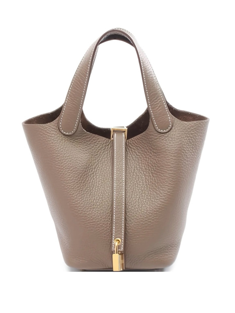 Taupe Leather Bucket Tote Bag with silver Hardware
